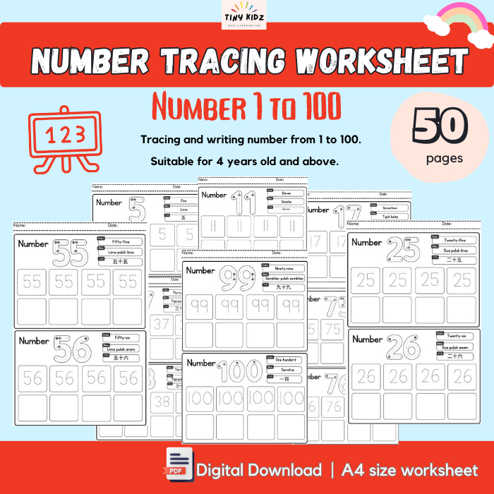 W006 PDF Digital Printable Number Tracing 1 to 100 Worksheet for