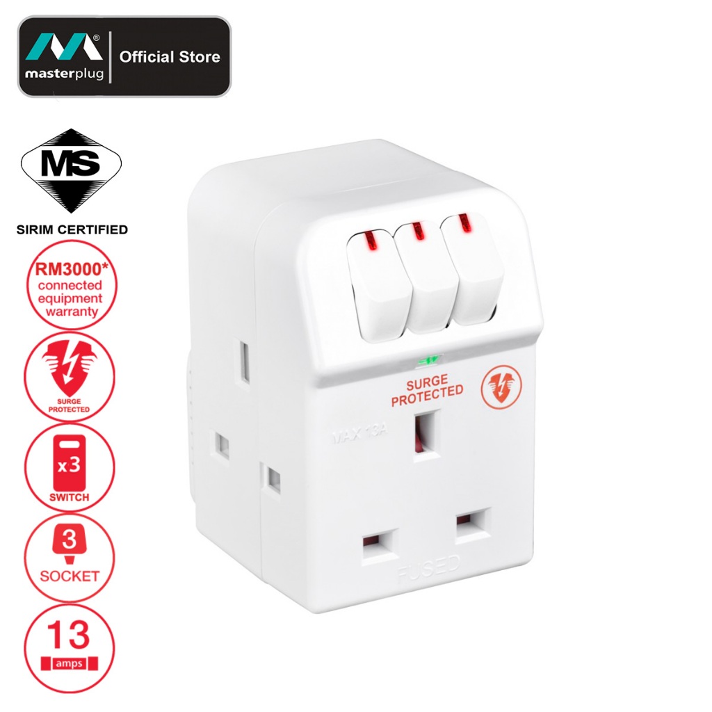 Masterplug Surge Protector 3 Gang 13Amp Individually Switched Adaptor