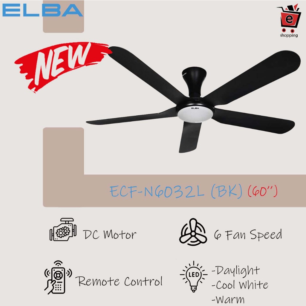 【JOHOR BAHRU FREE SHIPING】ELBA DC Ceiling Fan 60" URANO ECFN6032L(BK