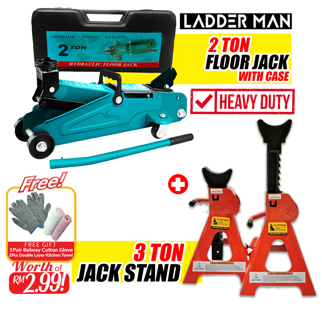 COMBO 3 TON JACK STAND(BLACK) & 2 TON FLOOR JACK(WITH HARD CASE ...