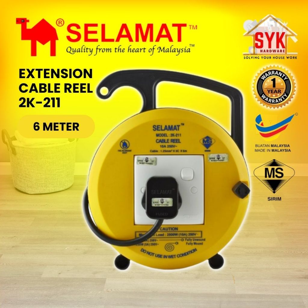 SYK SELAMAT 2K211 6 Meter 1 Gang Portable Extension Cable Reel Plug
