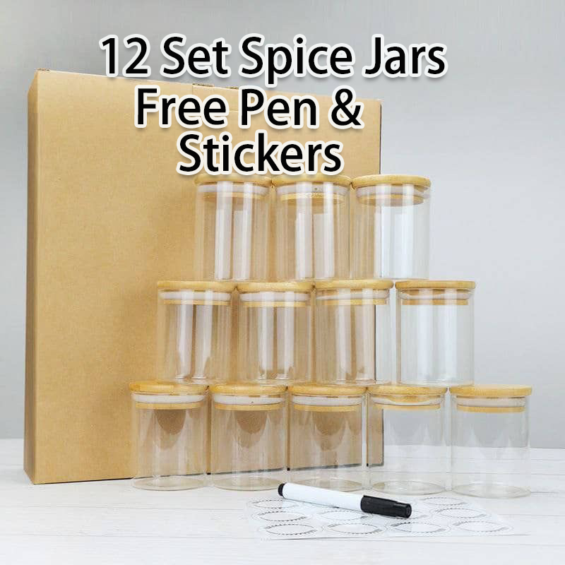 12pcs Bamboo Spice Lid Airtight Container Seasoning Jar Size 250ml ...