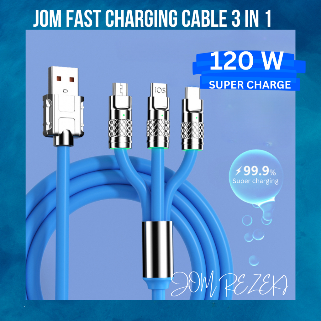 JOM 120W 3 in 1 Super Fast Charging Cable TypeC 6A Liquid Silicone