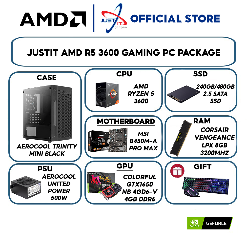 JUSTIT AMD R5 3600 BASIC GAMING PC PACKAGE 8GB 256GB 480GB