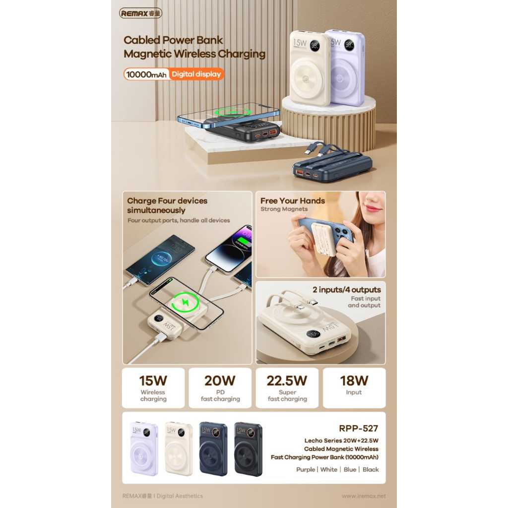 🔥 REMAX RPP-527🔥 REMAX LECHO SERIES 20W+22.5W WIRELESS POWER BANK ...