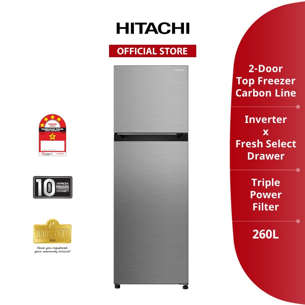 Hitachi 2 Door Refrigerator Top Freezer Carbon Line 260L (HRTN5275MFXMY/ HRTN5275MFBBKMY