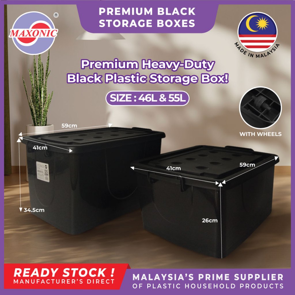 MAXONIC 46L/55L BLACK PLASTIC STORAGE BOX WITH WHEELS KOTAK SIMPANAN
