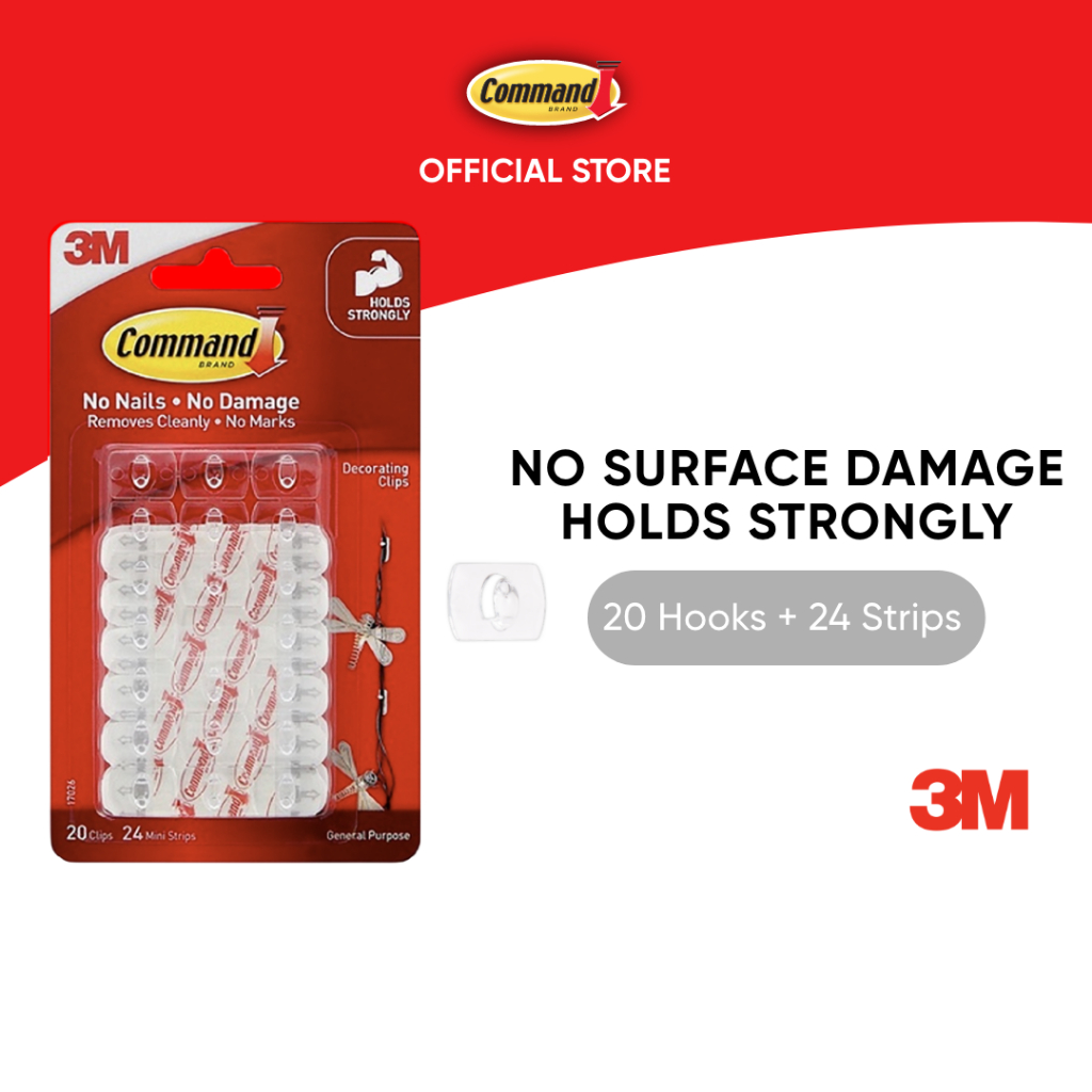 3M™ Command™ Decorating Clips, 17026, Holds Strongly, 20 hooks + 24