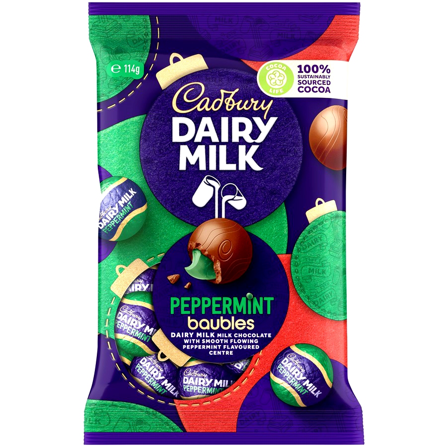 (EXP 06/2024) Cadbury Dairy Milk Chocolate Peppermint Baubles Christmas Bag (114g) Christmas