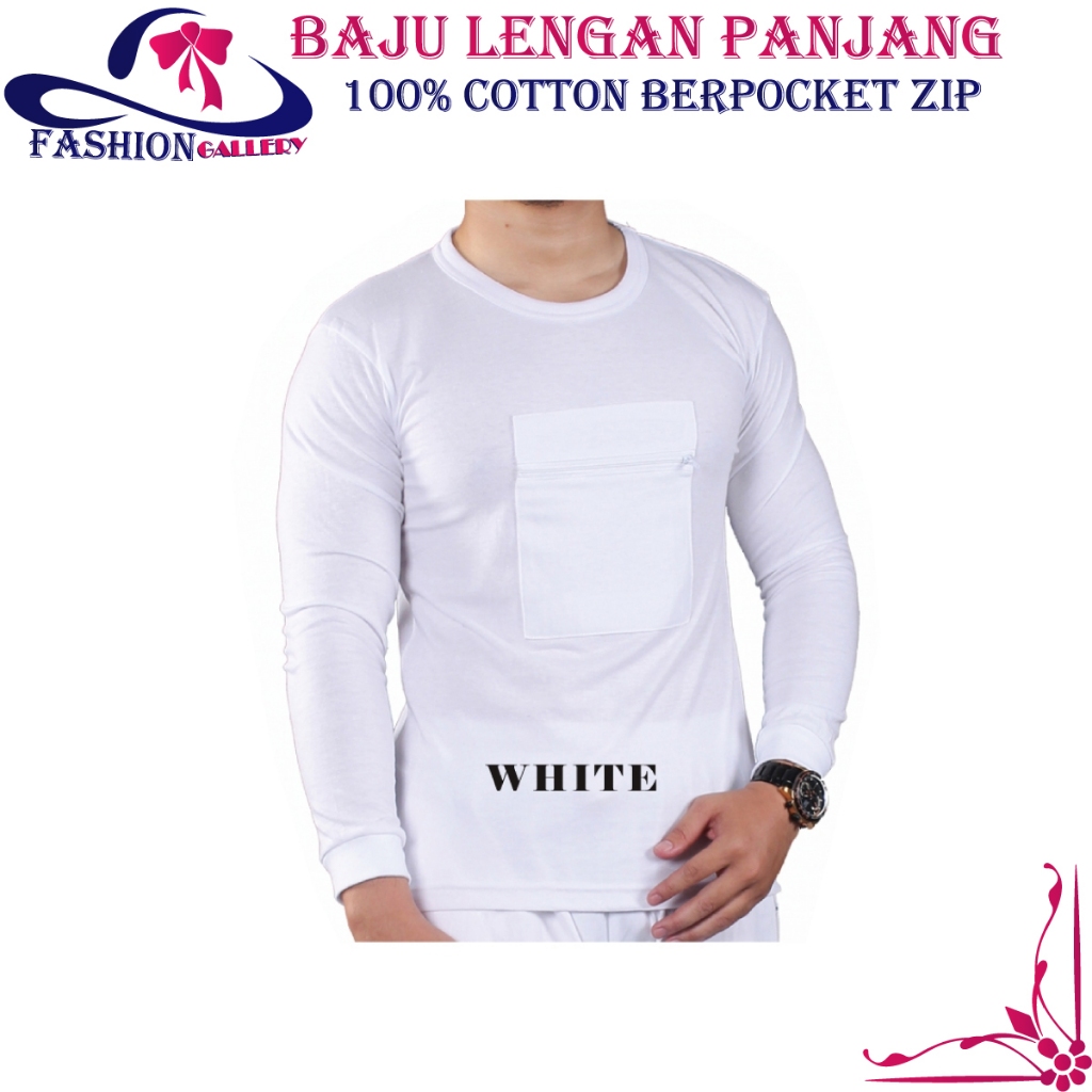 T-shirt Cotton Long Sleeve White/Putih with Pocket jip Baju Lengan ...