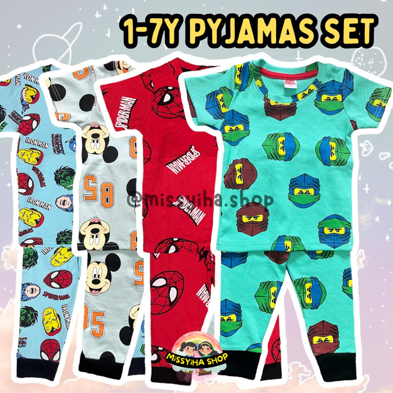 [J1] 1-7Y SKL Kids Boy Girl Unisex Pleated Cotton Pyjamas Set Baju ...