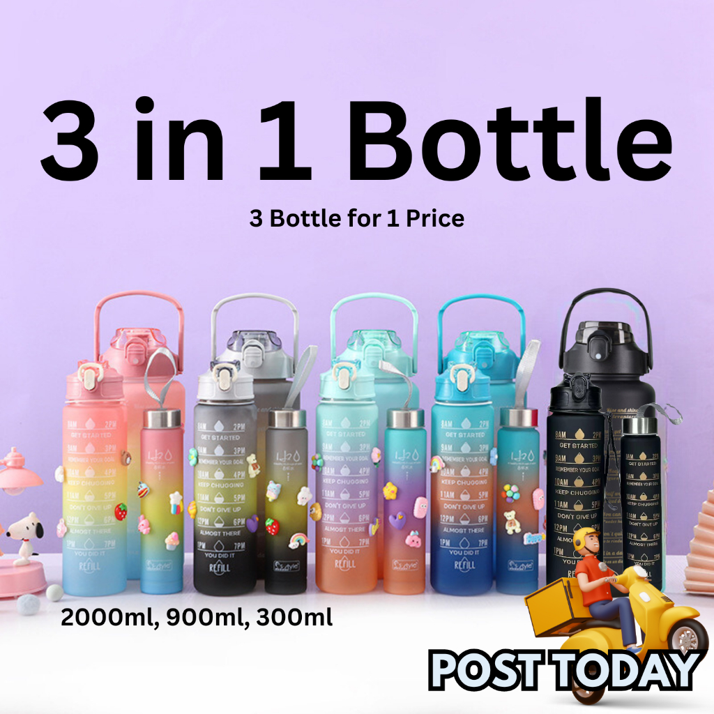 [3in1 Set] 2L Colorful Water Bottle with Straw Cute Sticker Portable ...