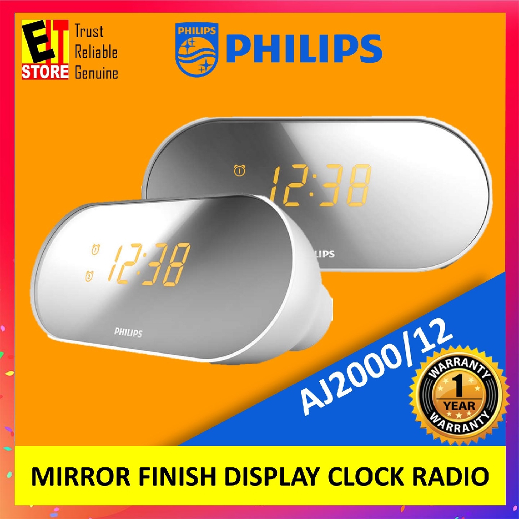 PHILIPS AJ2000/12 MIRROR FINISH DISPLAY CLOCK RADIO with DUAL ALARM