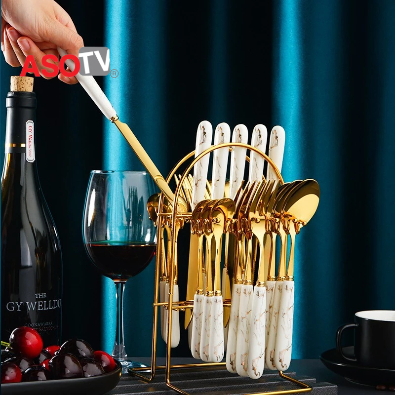 ASOTV® Premium 25 Pcs Stainless Steel Cutlery Set Gold Stripe Ceramic ...