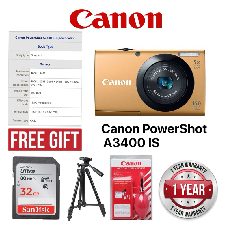 (TOUCH SCREEN)CANON POWERSHOT A3400 IS 16MP CCD POINT AND SHOOT COMPACT