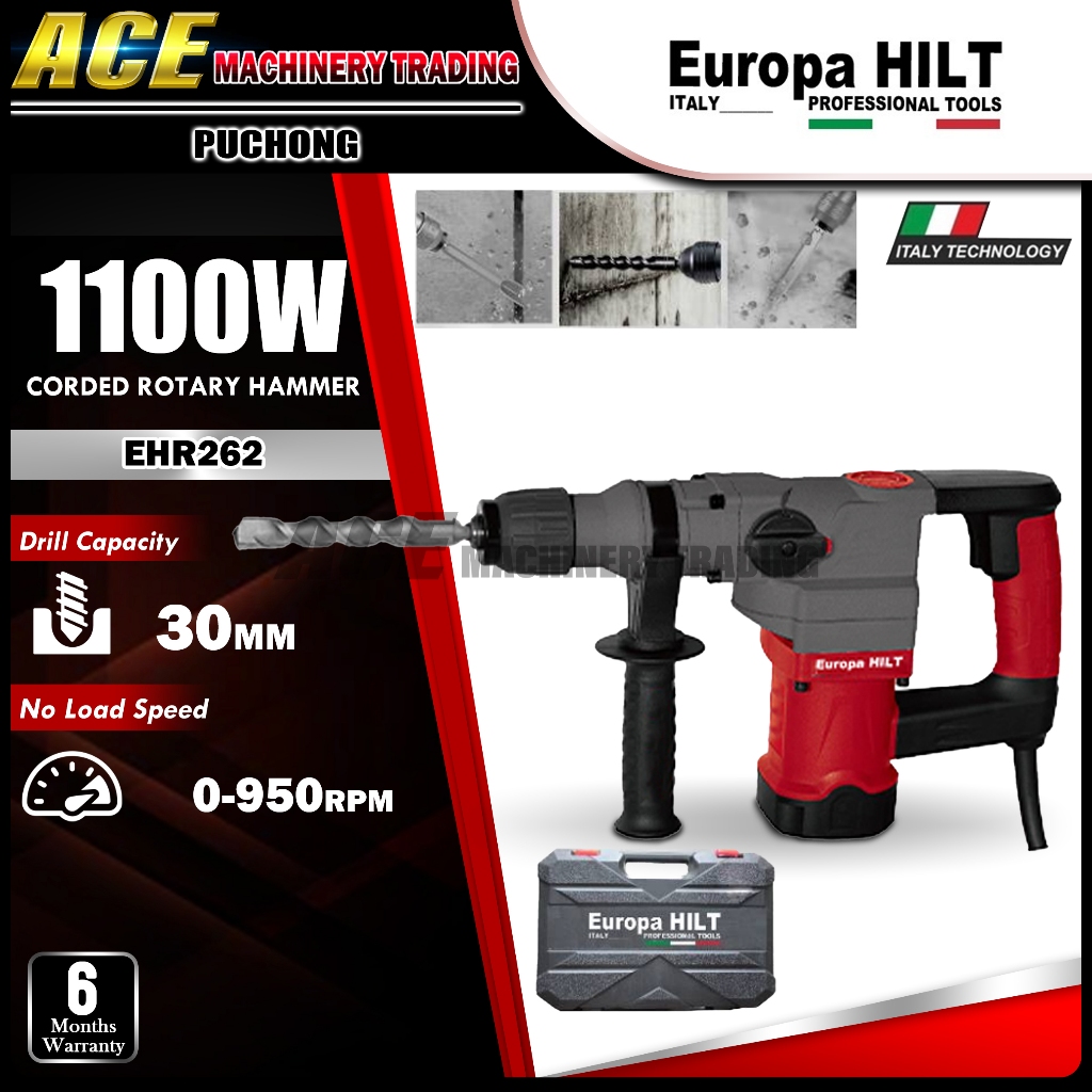 [ EUROPA HILT ] (EHR262) 1100W/30mm/840RPM Hex SDS Chuck Corded Rotary ...