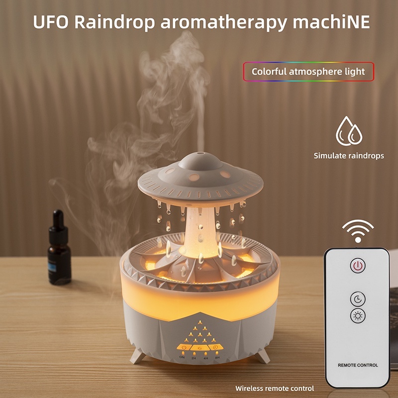 500ml Rain Humidifier Mushroom Cloud Colorful Night Lamp Aromatherapy  Machine With Remote Control, Style: Rechargeable(Wood Grain)