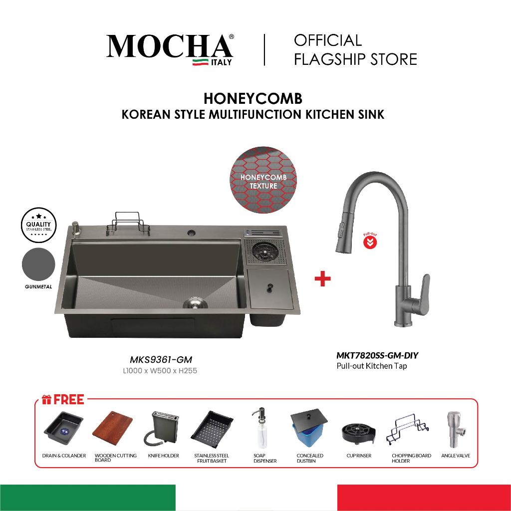 Mocha 100cm Honeycomb Korean Style Multifunction Kitchen Sink with pull