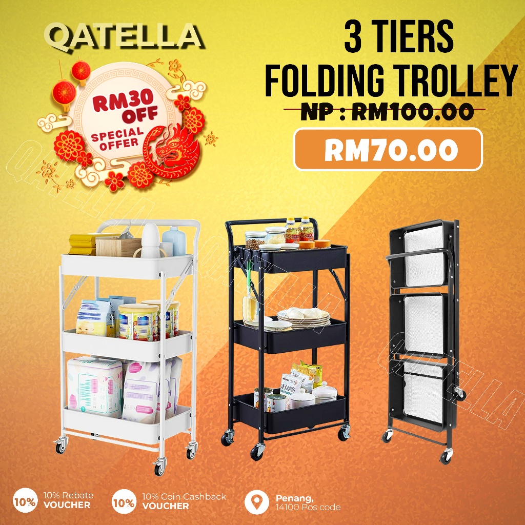 Qatella 100 Steel Foldable Trolley Kitchen Rack 3Tiers Trolley Storage