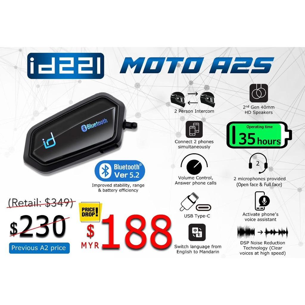 BLUETOOTH ID221 MOTO A2S MOTO A2 PRO HELMET COMMUNICATOR CYCLING ...