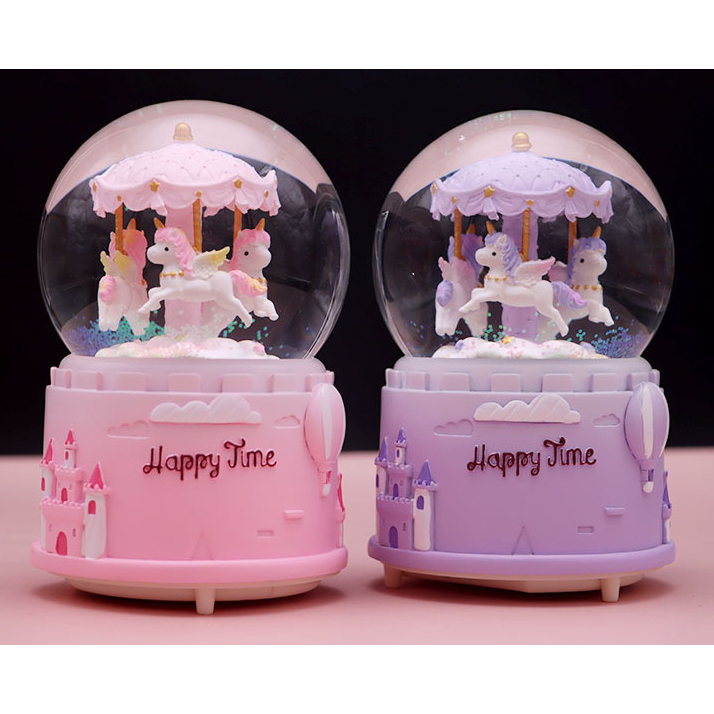 *Pink*Merry-Go-Round Carousel Crystal Ball Music Box Snowfall Luminous ...