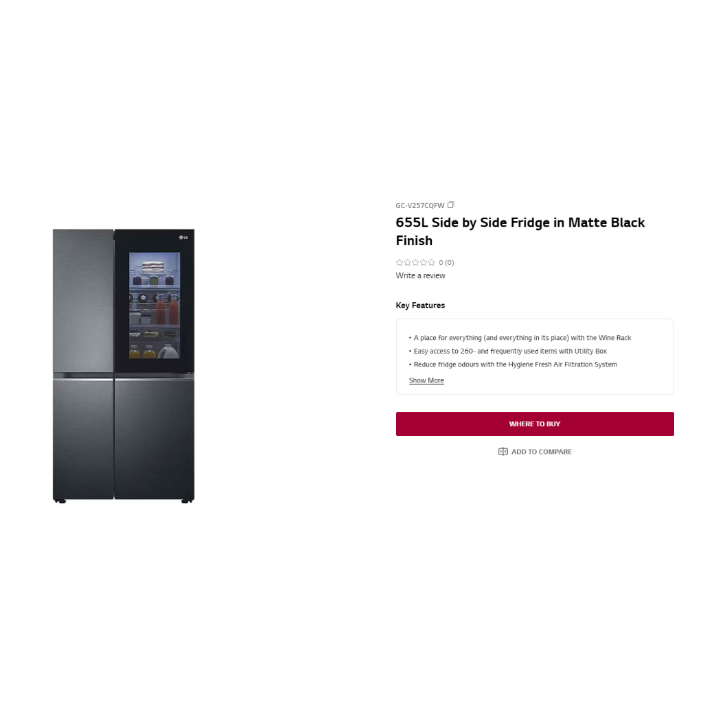 LG GCV257CQFW 655L Side by Side Fridge in Matte Black Finish, Hygiene