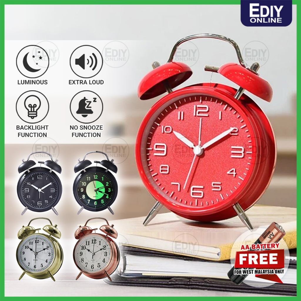 Classic Retro Quartz Alarm Clock Loud Sound Twin Bell Jam Tidur Loceng