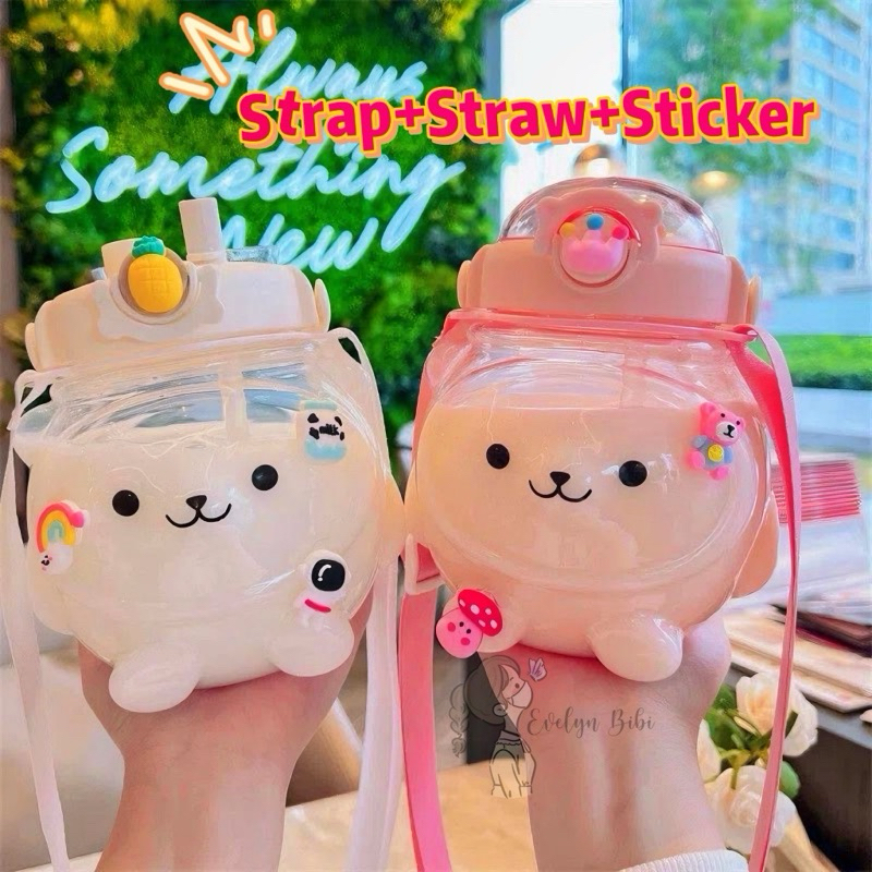 1000ml Water Bottle with Straw and Strap Large Kawaii Bear Shaped Cute ...