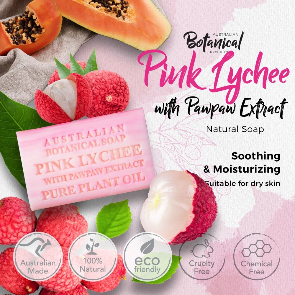 Australian Botanical Soap Bar Pink Lychee with Pawpaw Extract (200g
