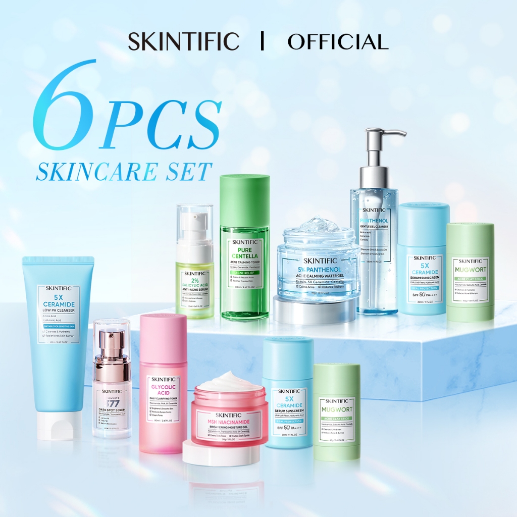 SKINTIFIC 6pcs Skincare Set - Moisturizer + Sunscreen + Glowing Serum ...