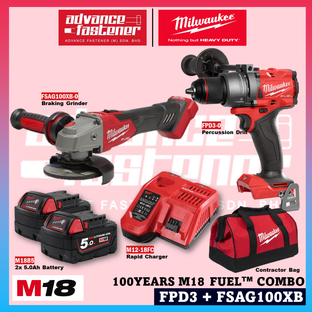 Milwaukee 100 YEARS M18 FUEL™ COMBO KIT ( FPD3 Percussion Drill/Driver ...