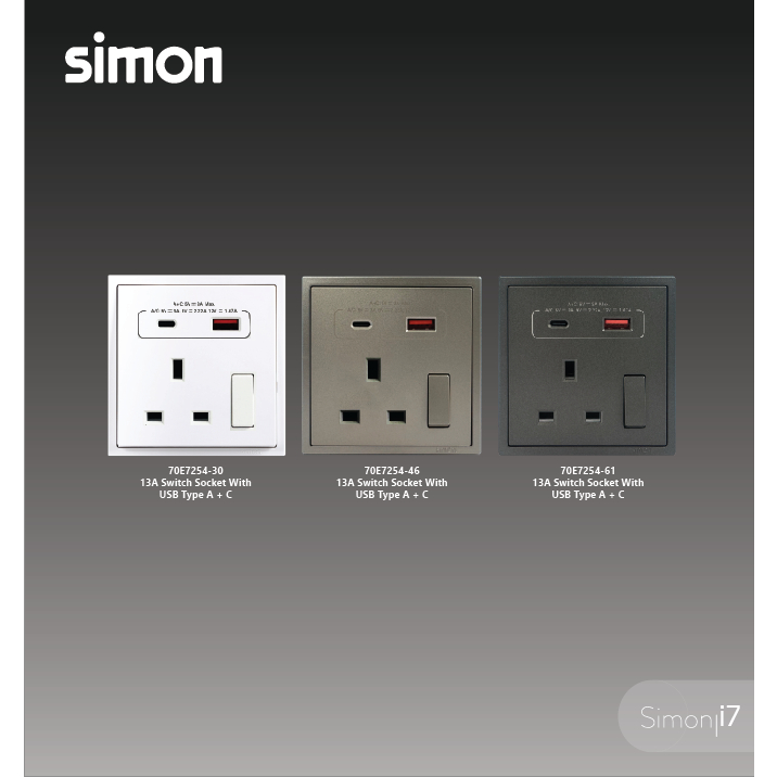 Simon I7 Series Switch 13A USB Type A+C / Universal USB Type A+C ...