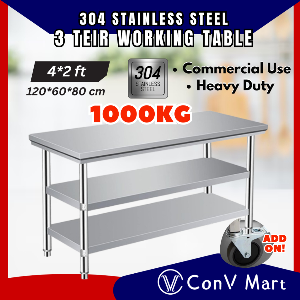 4FT (100cm) 3Tier Stainless Steel Working Table Workbench Kitchen Meja ...