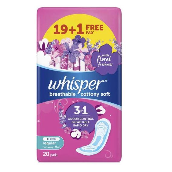 Whisper Breathable Cottony Soft Thick Regular Sanitary Pads Non-Wing 23 cm  20 pads