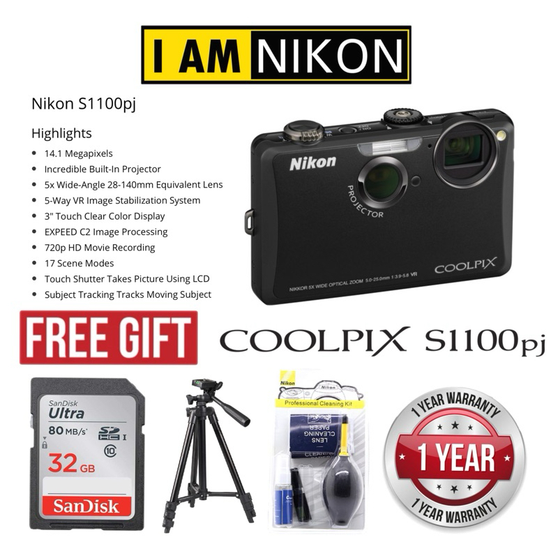 NIKON COOLPIX S1100PJ PROJECTOR CAMERA TOUCH SCREEN CAMERA 5 WAY VR ...