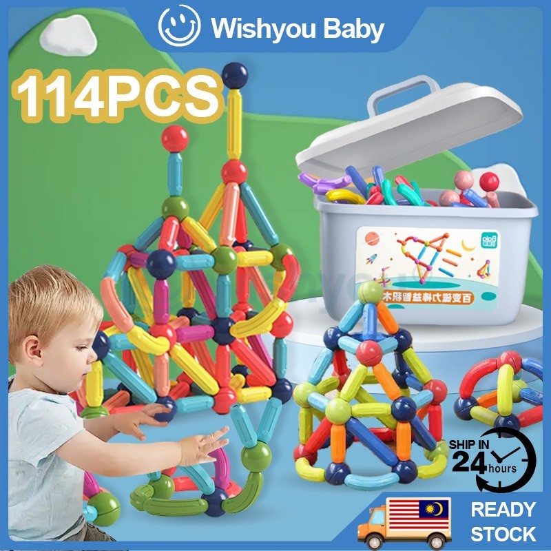 【24H】114PCS Kids Magnetic Toy Building Blocks with Storage Box Children ...