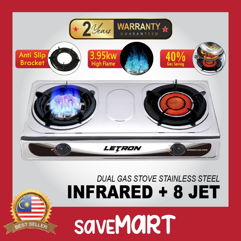 [ 2 YEARS WARRANTY ] Twin Burners Gas Stove Stainless Steel Table Top