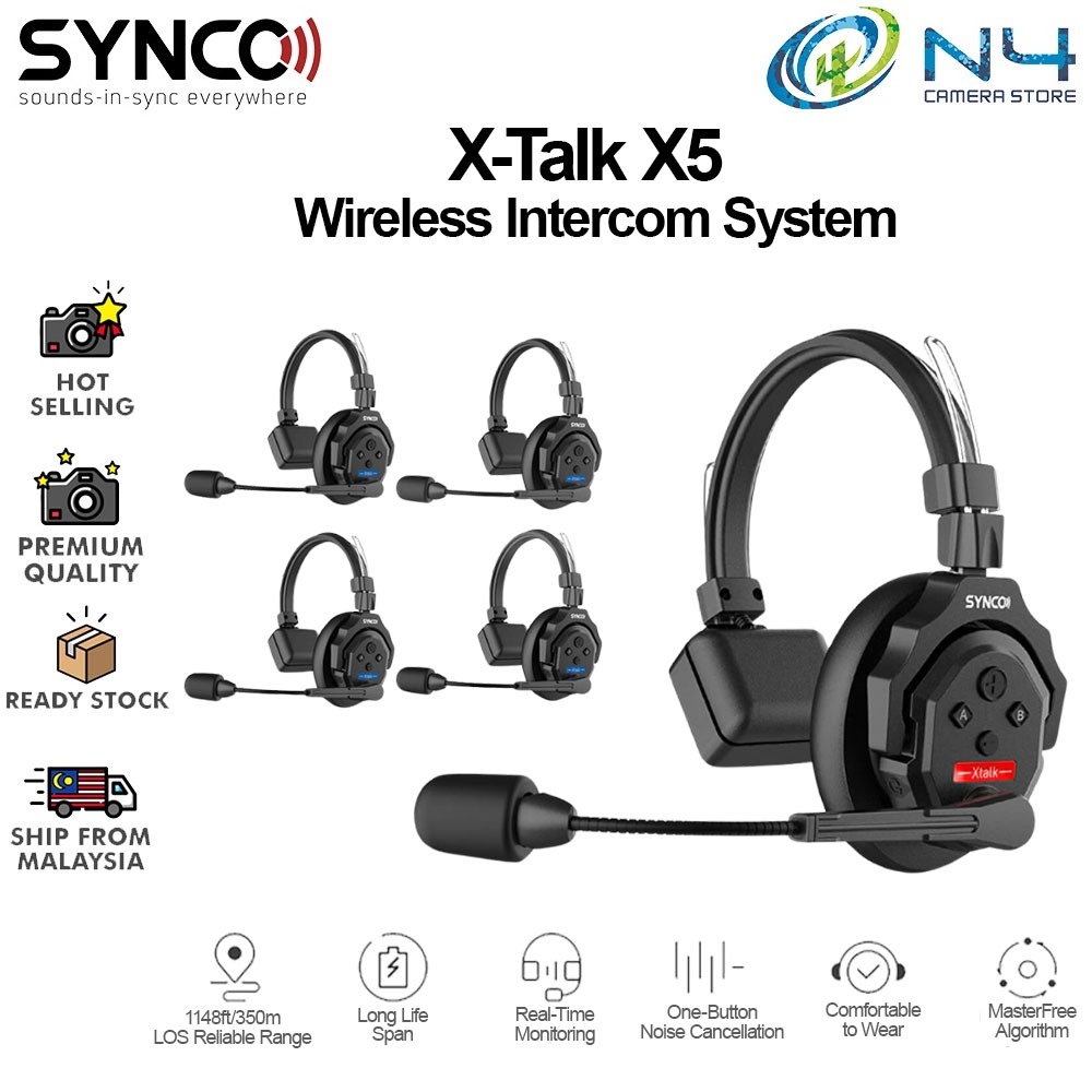 Synco X-Talk X5 Wireless Intercom System with 5 Single-Ear Headsets (2. ...