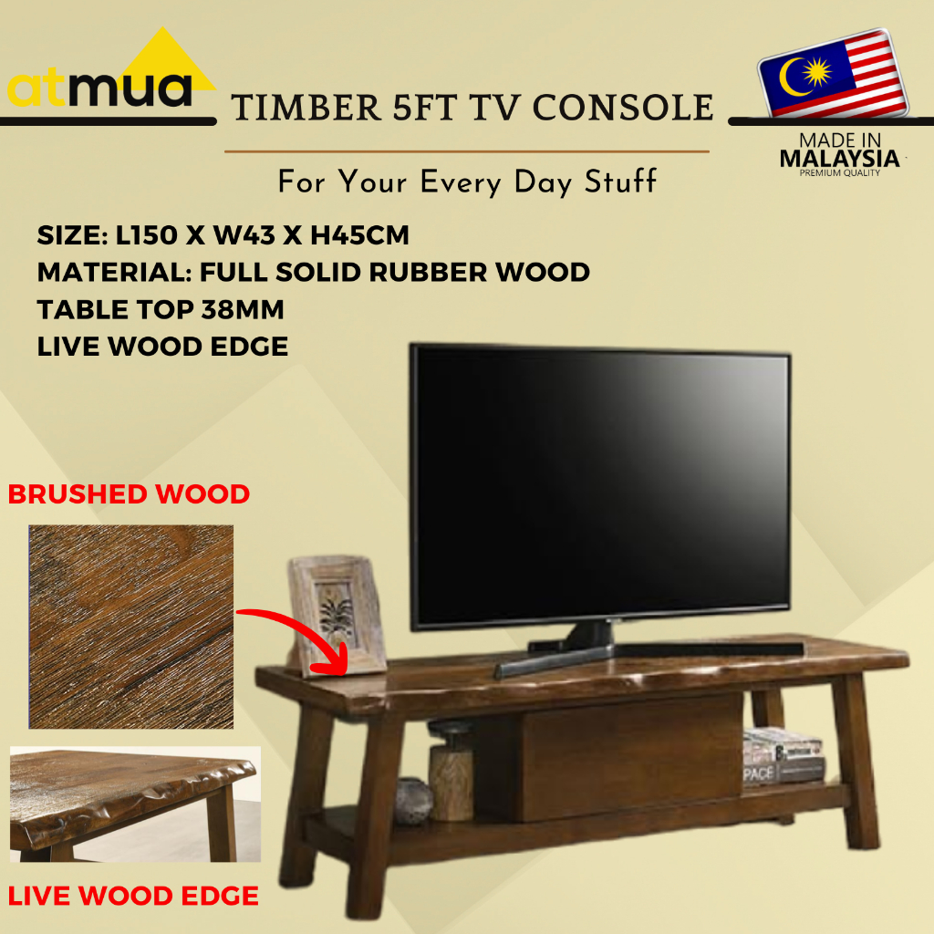 Atmua Furniture Timber 5 Feet 6 Feet TV Console Full Solid Rubber Wood ...