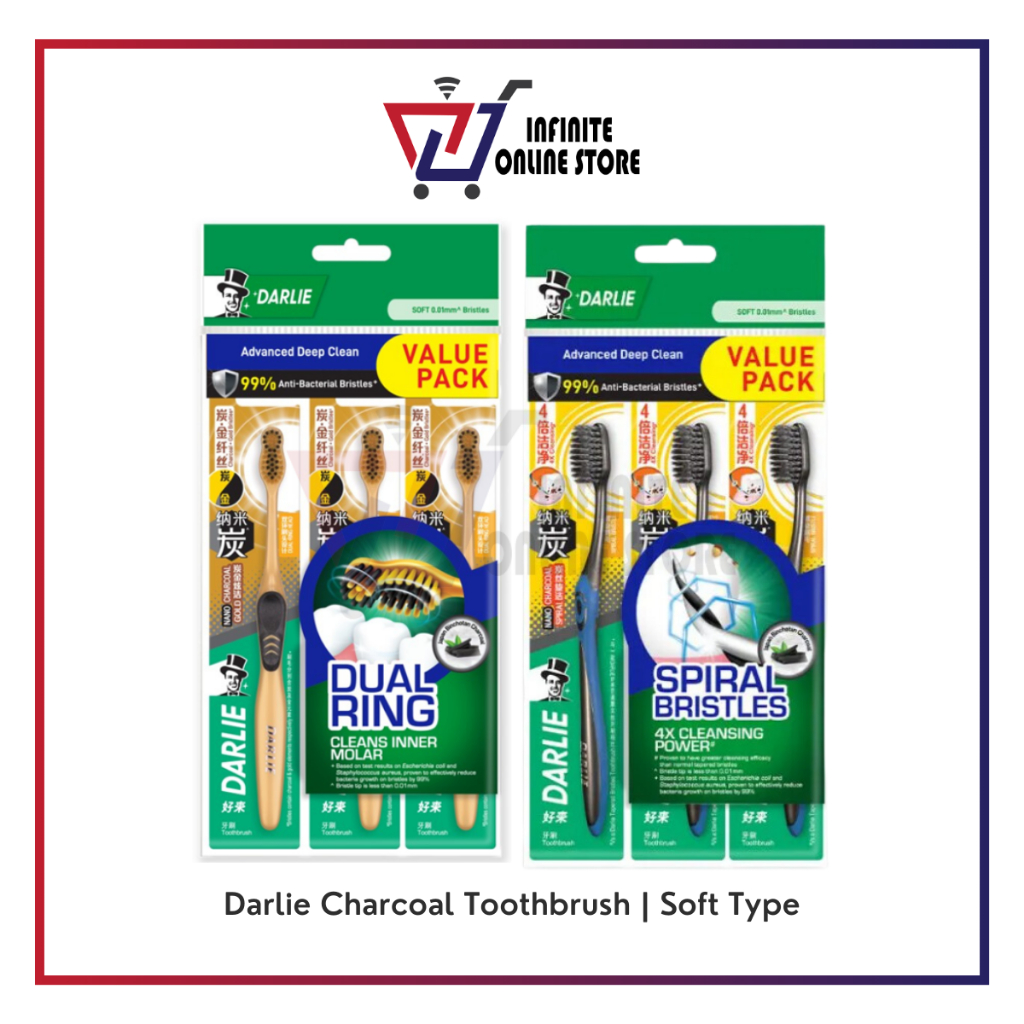 Darlie Charcoal Toothbrush Soft Type (3's) (Gold Dual Ring / Spiral ...