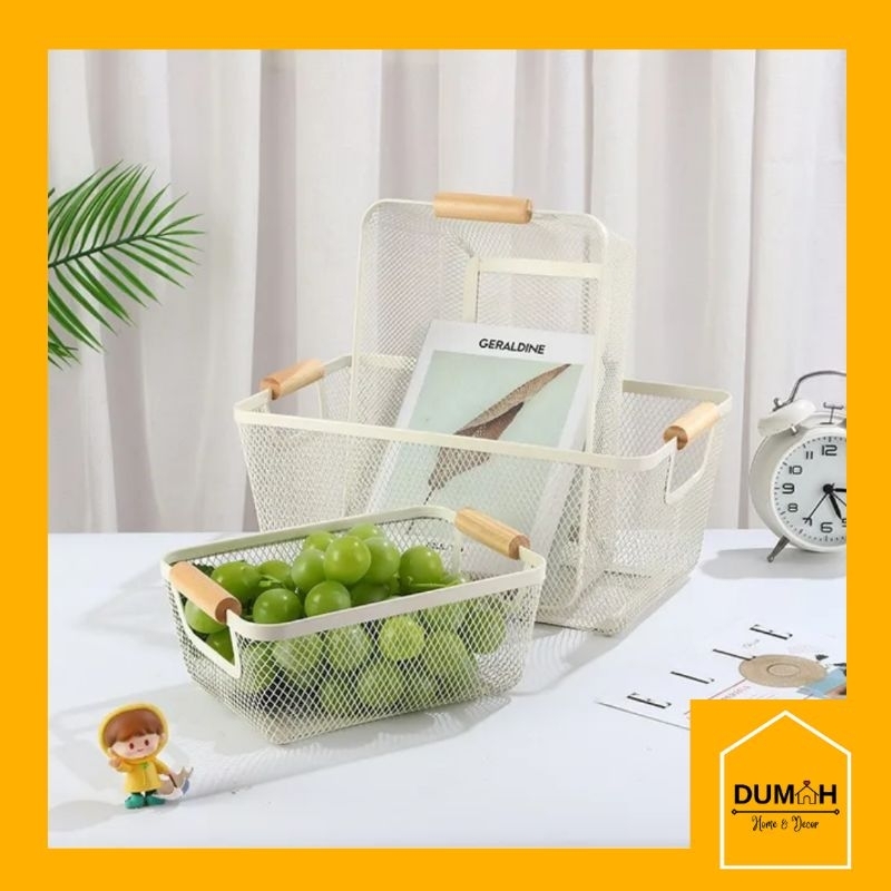 Curated visual reference: Visual Reference: Minimalist Metal Wire Storage Basket With Wooden Handle Pantry Basket