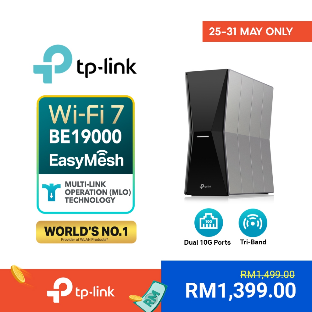 TP-Link Archer BE805 WiFi 7 BE19000 Tri-Band Dual 10G Ports Router with ...