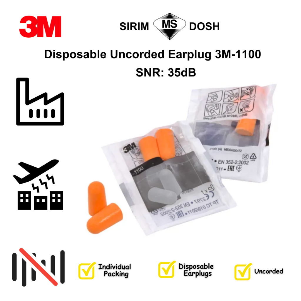 3M (5 Prs/Pck) SNR 35dB 3M 1100 Uncorded Disposable Earplug Noise ...