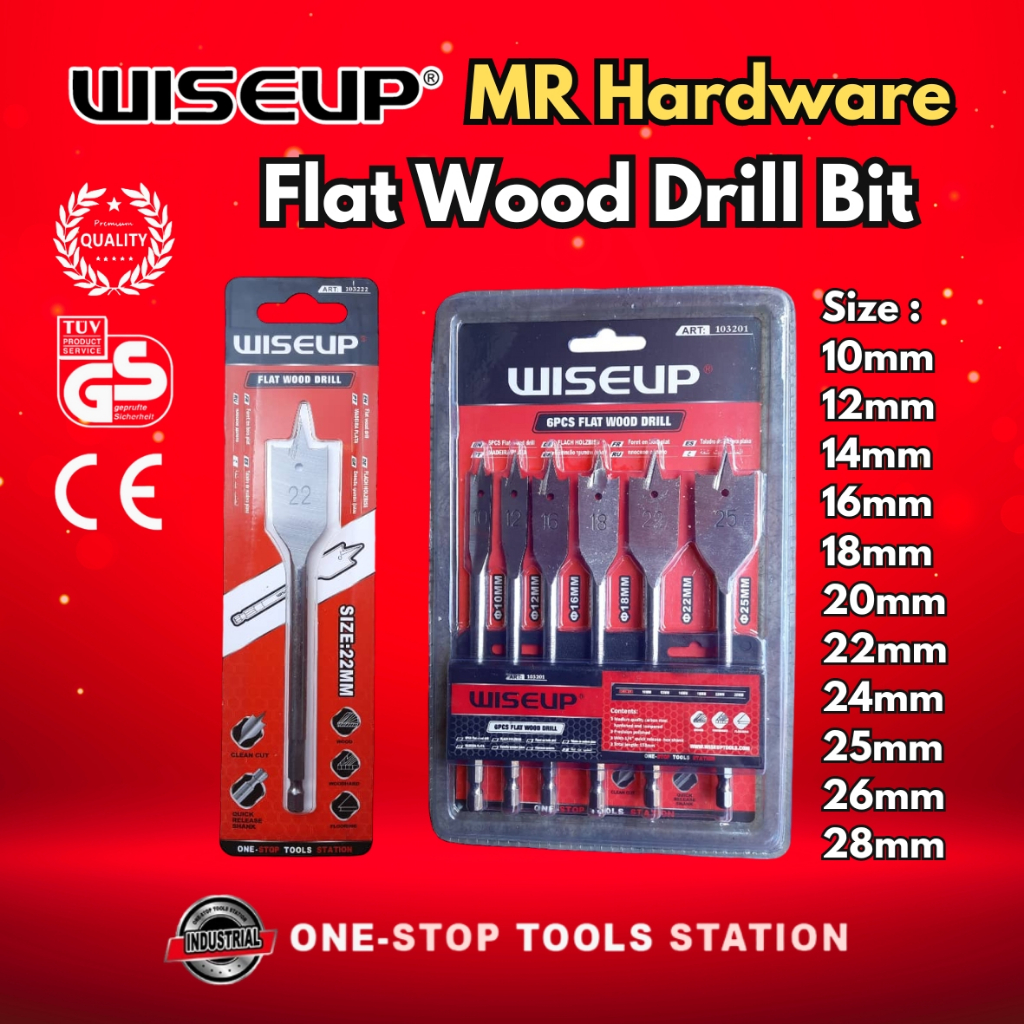 Wiseup Wood Flat Drill Bits Boring Paddle Hex Shank Set Flat Spade Hole ...