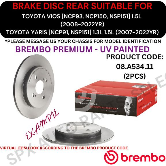 BREMBO GENUINE DISC BRAKE ROTOR (REAR) FOR TOYOTA VIOS [NCP93, NCP150 ...