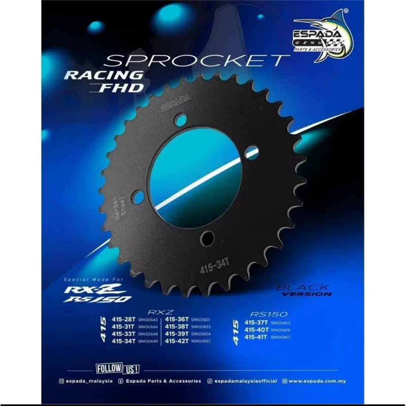 ESPADA RACING SPROCKET SPOKET BLACK 415 NO HOLE RXZ Y15 Lc135 Y125Z ...