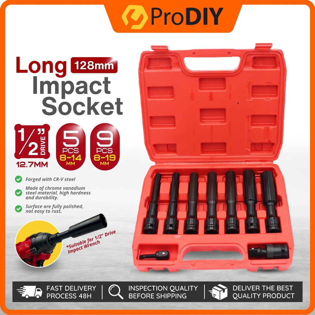 5 / 9 pcs 128mm Long Hex Impact Socket Set 1/2 inch 8-14mm / 8-19mm ...