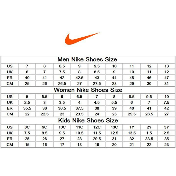 Nike men's and women's shoe size chart clearance