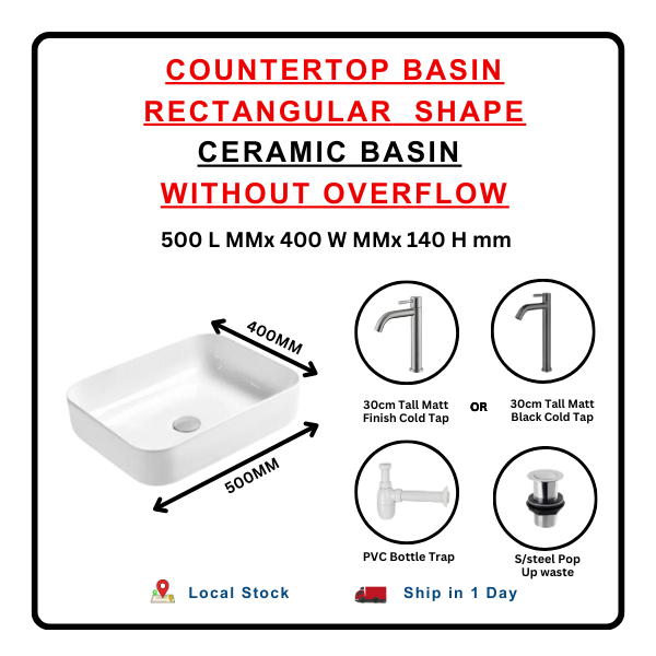 Bathroom Premium 500mm Rectangle Deep Ceramic Counter Top Basin Sink ...