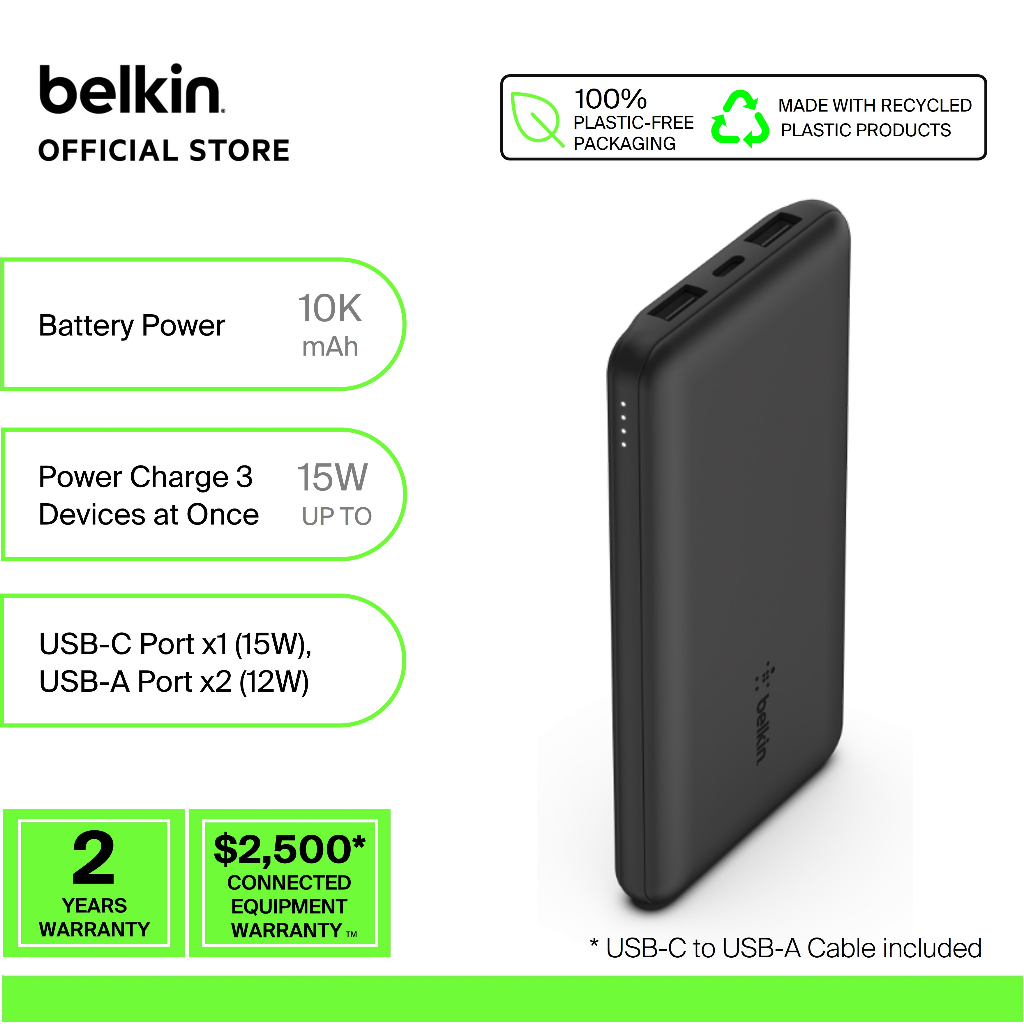 Belkin BPB011bt BoostCharge Power Bank 10K + USB-A To USB-C Cable ...